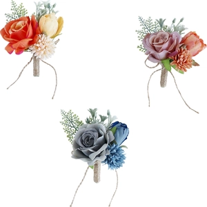 Three-color silk rose boutonnieres with twine-wrapped stems for wedding suits