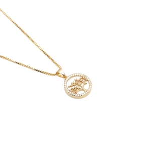 Tree Of Life Pendant Necklace Copper Zircon Inlaid Gold Tone Jewelry With Box Chain Elegant Shell Detail For Women
