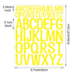 Detailed size chart for 1 and 2 inch yellow vinyl letter stickers in a full A-Z alphabet set