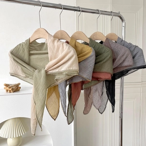 Women Color Block Cotton Linen Scarf Triangular Shawl With Scalloped Lace Trim Lightweight Sunshade Decorative Neck Wrap