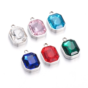 Square Glass Pendants Stainless Steel Metal Frame Faceted Crystal Multi Color For DIY Jewelry Making Necklaces Earrings