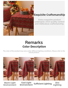 Detailed comparison of red plaid Christmas tablecloth color in various lighting conditions