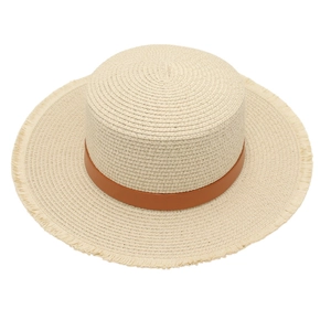Women Boater Straw Hat Wide Brim Sun Shade Beach Cap Fringed Edge Faux Leather Band Summer Vacation Holiday Elegant Style