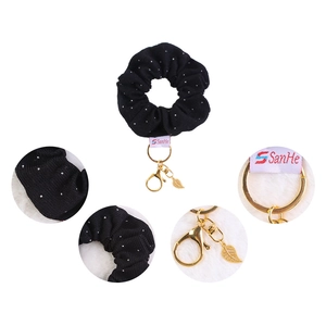 Velvet rhinestone scrunchie keychain with gold leaf charm and lobster clasp in black