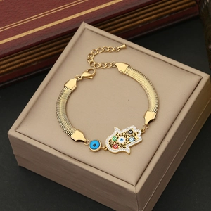 Bracelet Main de Fatma et Œil du Diable doré avec émail coloré sur coffret