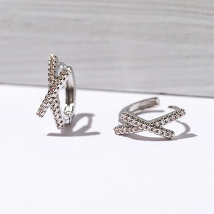 Sparkling French vintage X-shape crisscross hoop earrings with pavé crystals in silver finish