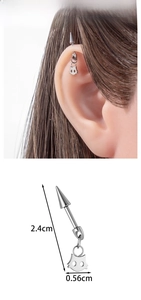 Detailed view of silver titanium cat ear piercing with cone stud and size measurements