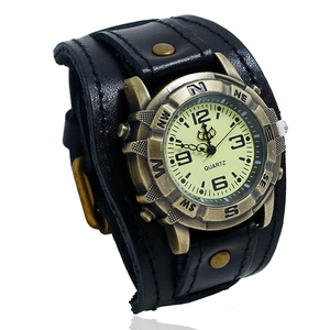 Vintage Leather Cuff Bracelet Quartz Watch Punk Hip Hop Style Bronze Metal Case Compass Markings For Men Women Rivet