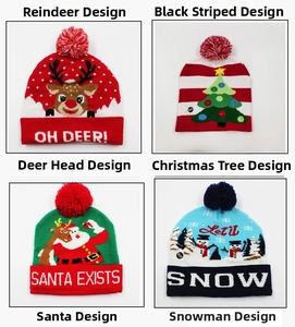 Close-up of LED knitted Christmas beanies with reindeer patterns and ON OFF switch
