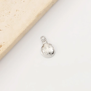 Detailed close-up of a silver ladybug pendant accessory on a minimalist stone base