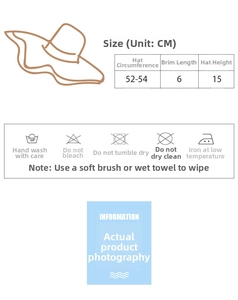 Size guide and care instructions chart for children's sun hat with washing symbols