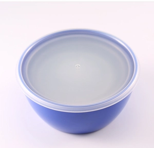 Top view of a blue round plastic salad bowl with a translucent lid for food storage
