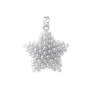 Detail shot of star-shaped pearl pendant featuring high-luster white pearls and silver metal