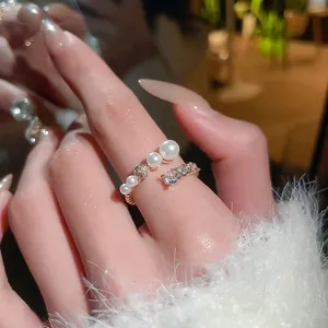 Elegant Vintage Open Adjustable Ring Copper Gold Plated With Imitation Artificial Pearls And Cubic Zirconia French Style Women Jewelry