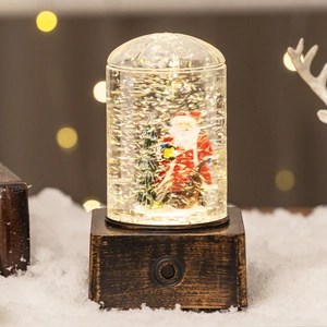 Christmas snow globe lantern with Santa Claus, glitter liquid, and vintage wood base