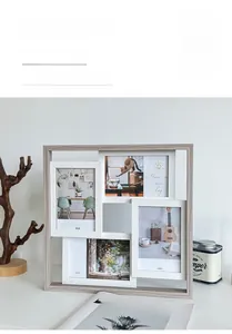 Detail of 4-hole wooden photo frame with light grain finish and 4x6 inch display