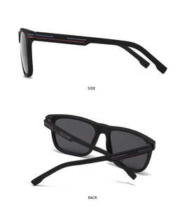 Side and back view of matte black TR sunglasses with red, blue, and grey striped temple detail