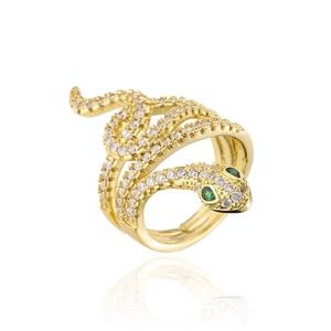 Luxury gold-plated snake open ring featuring sparkling AAA zircon stones and green eyes