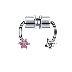 Macro shot of silver magnetic septum ring featuring pink flower and butterfly charms