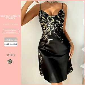 Women Floral Print Satin Nightgown V-Neck Spaghetti Strap Backless Imitation Satin Chemise Sexy Slim Fit Sleepwear