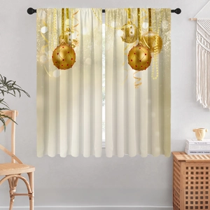 Detail of 3D digital printed gold Christmas balls and ribbons on festive curtains