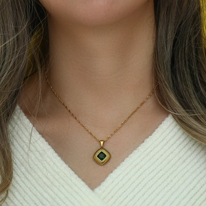 316L stainless steel gold twisted chain necklace with green rhombic zircon pendant