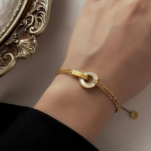 Double Layer Stainless Steel Bracelet With Mother Of Artificial Pearl Round Pendant Rhinestone Engraved For Women Gold Plated