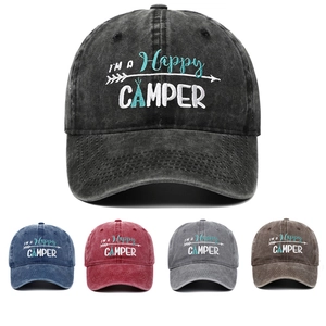 Happy Camper Embroidered Baseball Cap Washed Cotton Vintage Retro Adjustable Sun Hat Outdoor Camping For Women Men