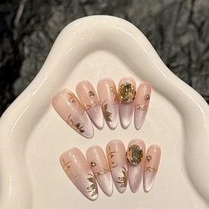 Handmade Pink Purple Cat Eye Press On Nails Long Stiletto Artificial Nails With Gold Foil Rhinestone For Women Jewelry