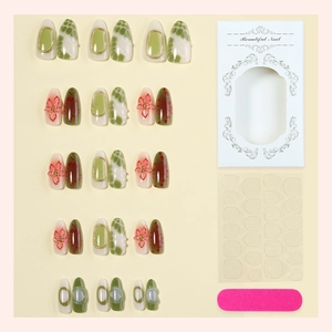 30pcs green marble and floral press-on nails set with mini file and adhesive tabs