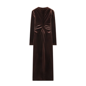Elegant deep brown velvet midi dress with long sleeves and pleated waist on white background