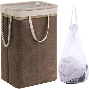 Brown fabric laundry basket with rope handles and a white mesh hanging laundry bag set
