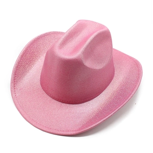 Detail of pink glitter cowboy hat featuring a sparkling metallic finish and classic wide brim