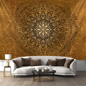 Mandala Tapestry Wall Hanging Polyester Fiber Golden Geometric Pattern Bohemian Ethnic Decor For Bedroom Living Room