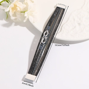 Detail view of multi-layer leather bracelet with size dimensions 19.5cm length and 2cm width