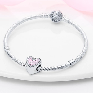 Detail of silver heart charm with pink enamel, I LOVE engraving and pavé stones