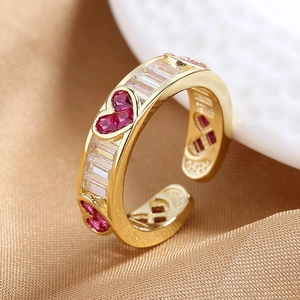 Heart Shaped Adjustable Open Copper Ring With Pink Red Heart Zircon And Baguette Clear Stones Fashion Jewelry