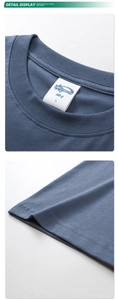 Macro detail of the 190g blue cotton T-shirt showing reinforced neckline and stitching