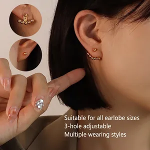 Titanium Steel Ear Jacket Earrings 18K Gold Plated Adjustable Multi Hole Curved Beads Minimalist Geometric Jewelry