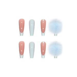 Blue pom-pom press on nails with glitter and rhinestone accents in long ballet shape