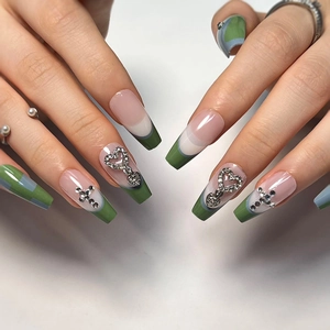 French blue and green plaid press-on nails with heart charms and cross rhinestones