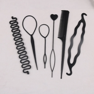 6-piece set of black plastic hair styling tools including pull hair pins and tail comb