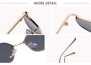 Macro details of golden polygon sunglasses featuring sturdy metal hinges and soft nose pads