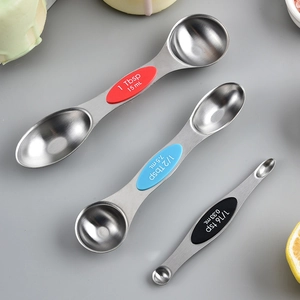 Magnetic double-sided stainless steel measuring spoons with colored silicone grips
