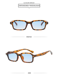 Detail view of tortoiseshell square sunglasses with gradual blue lenses and side frame profile