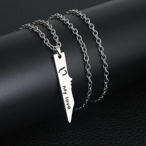 Polished stainless steel bar pendant necklace for couples with heart and my love engraving