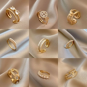 Retro Luxury Copper Rings Women Gold Plated Zircon Butterfly Artificial Pearl Coin Heart V Shape Adjustable Open Finger Jewelry