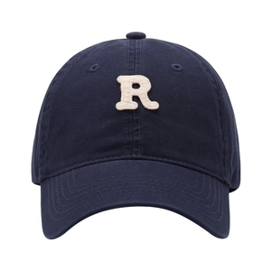 Navy blue cotton baseball cap with white embroidered R letter on front and curved brim
