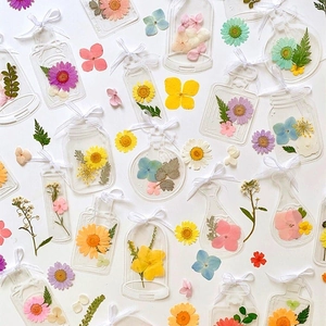 Transparent bottle-shaped bookmarks with colorful dried flowers and white ribbon accents