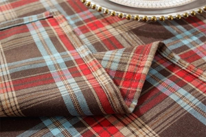 Detailed macro view showing the texture and hemmed edge of a red and green plaid tablecloth